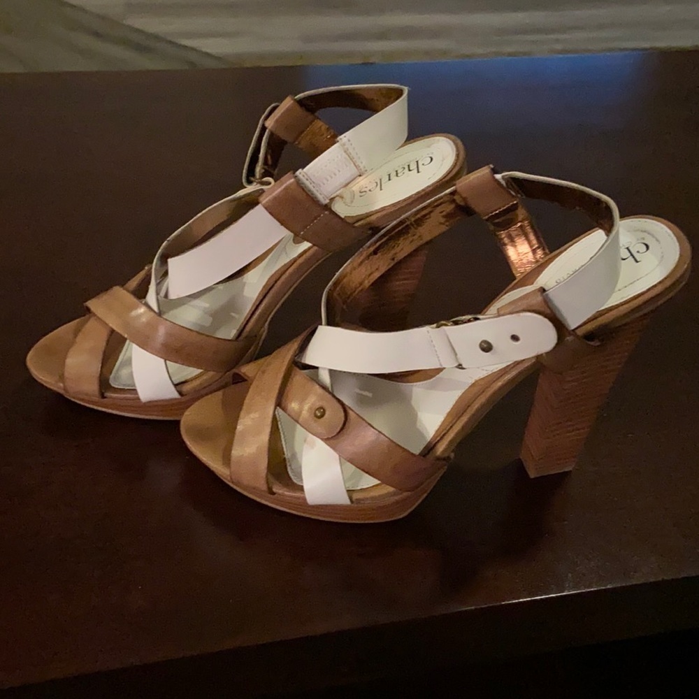 Tan and white sandals with heel